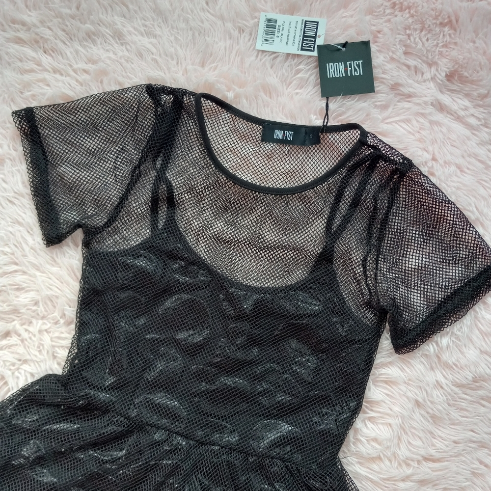 😵Fishnet overlay iron fist babydoll style "Skullz Club Mini Dress" ☠ Gothic nwt - Picture 8 of 16
